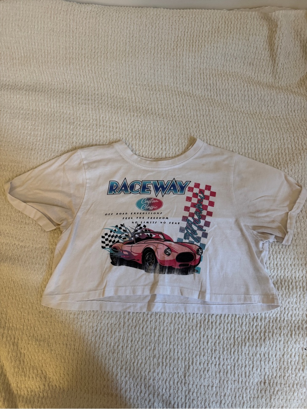 Marshalls White Crop Top with Pink Race Car Graphic
